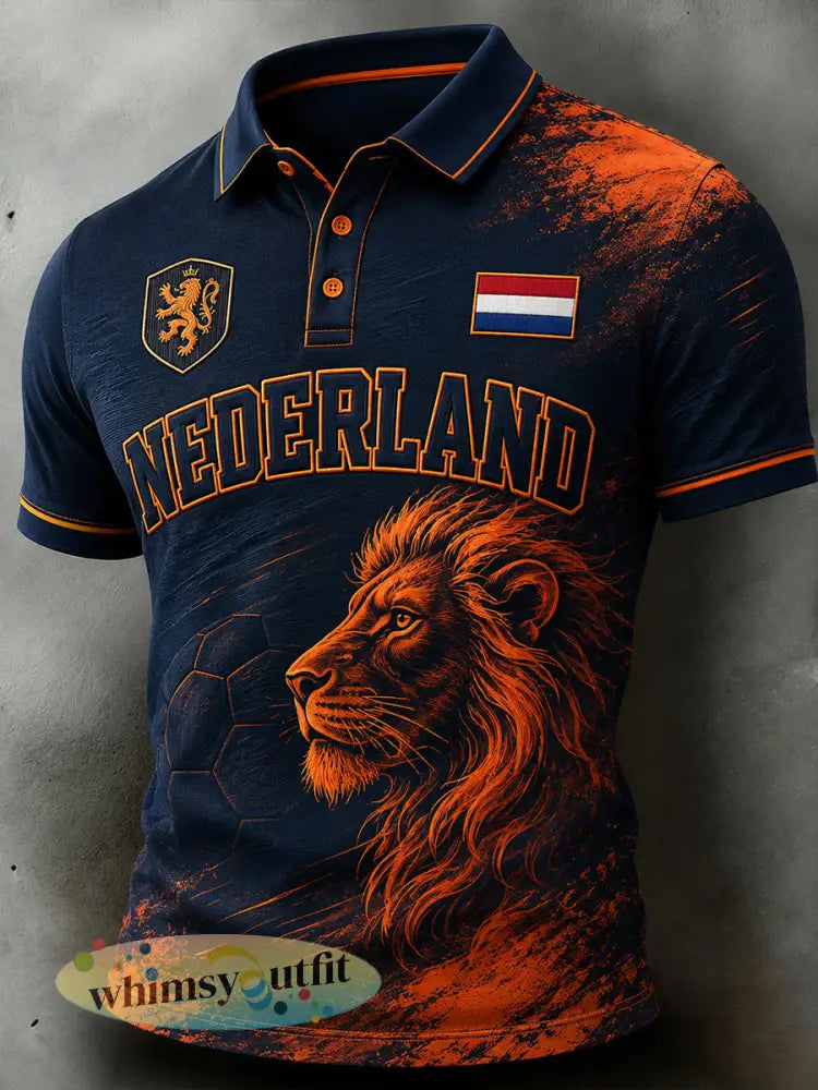 Herenpoloshirt met leeuwenvoetbalkunstprint en korte mouwen