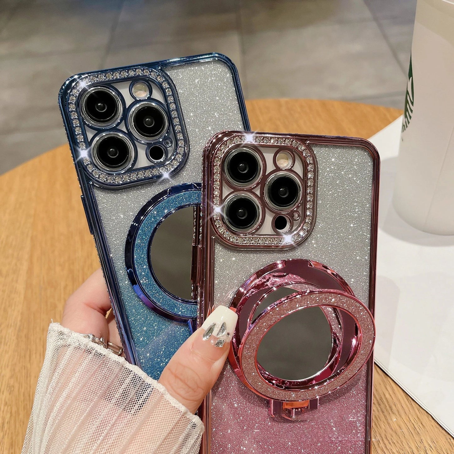 Luxuriöse Gradient Glitter Handyhülle mit Spiegel & Magnetischem Ständer