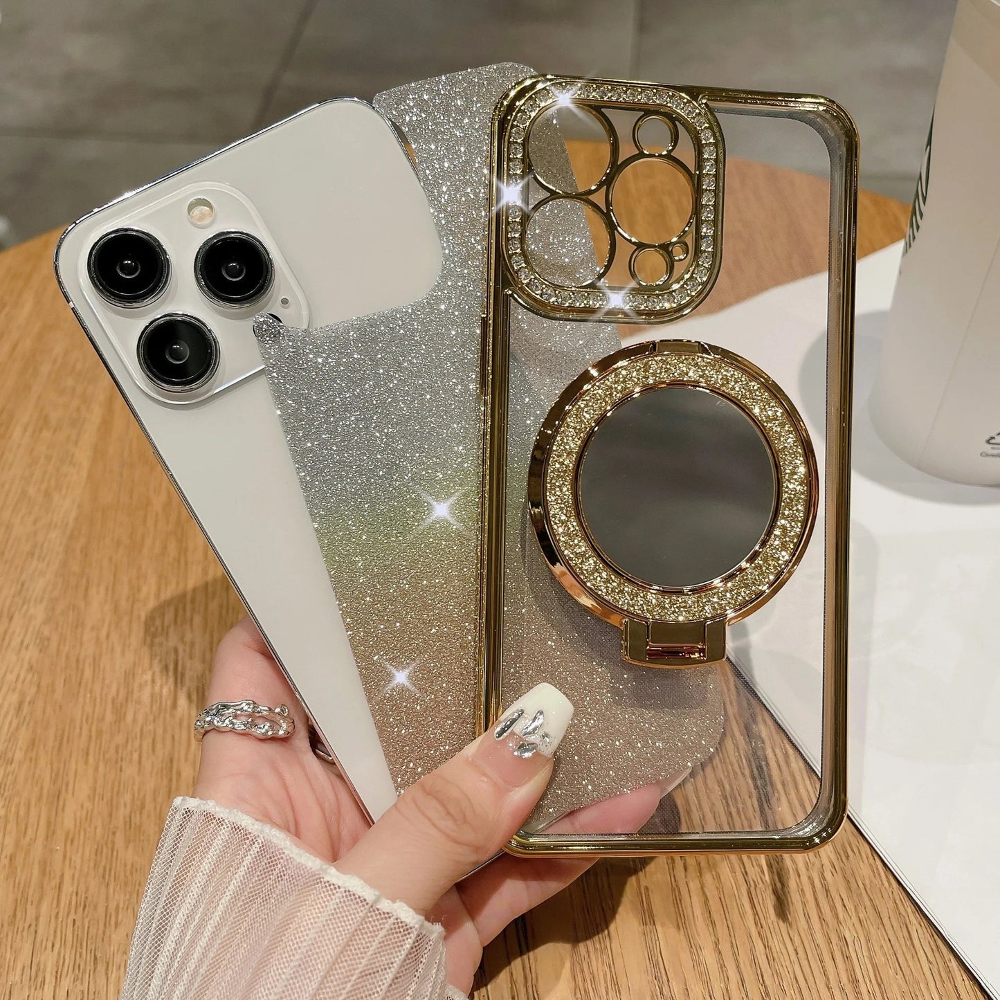 Luxuriöse Gradient Glitter Handyhülle mit Spiegel & Magnetischem Ständer
