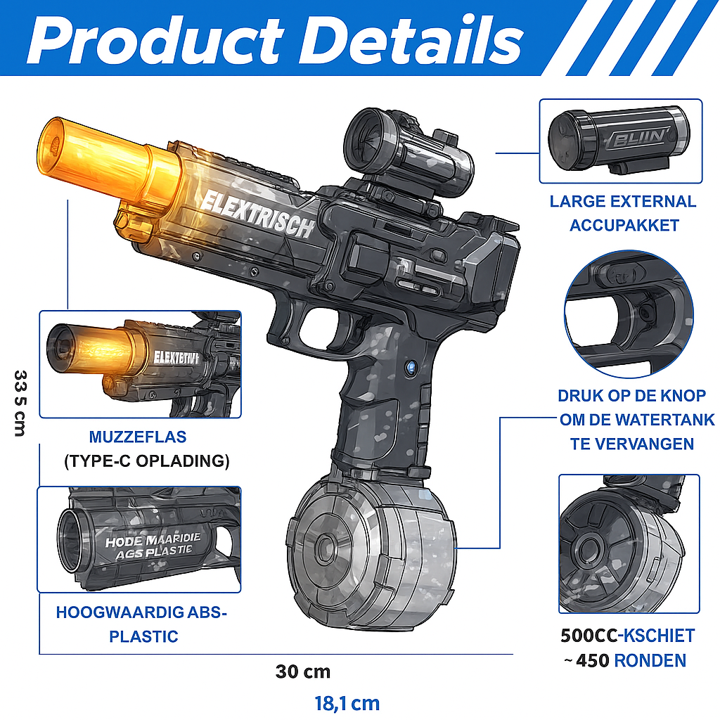 Elektrisch Waterpistool – Krachtig & Oplaadbaar – Schiet tot 10 Meter!