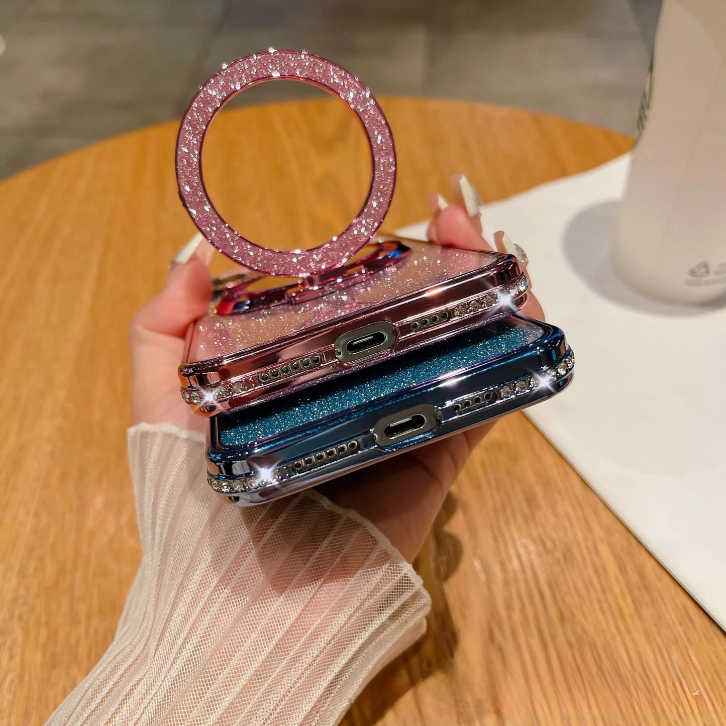 Luxuriöse Gradient Glitter Handyhülle mit Spiegel & Magnetischem Ständer