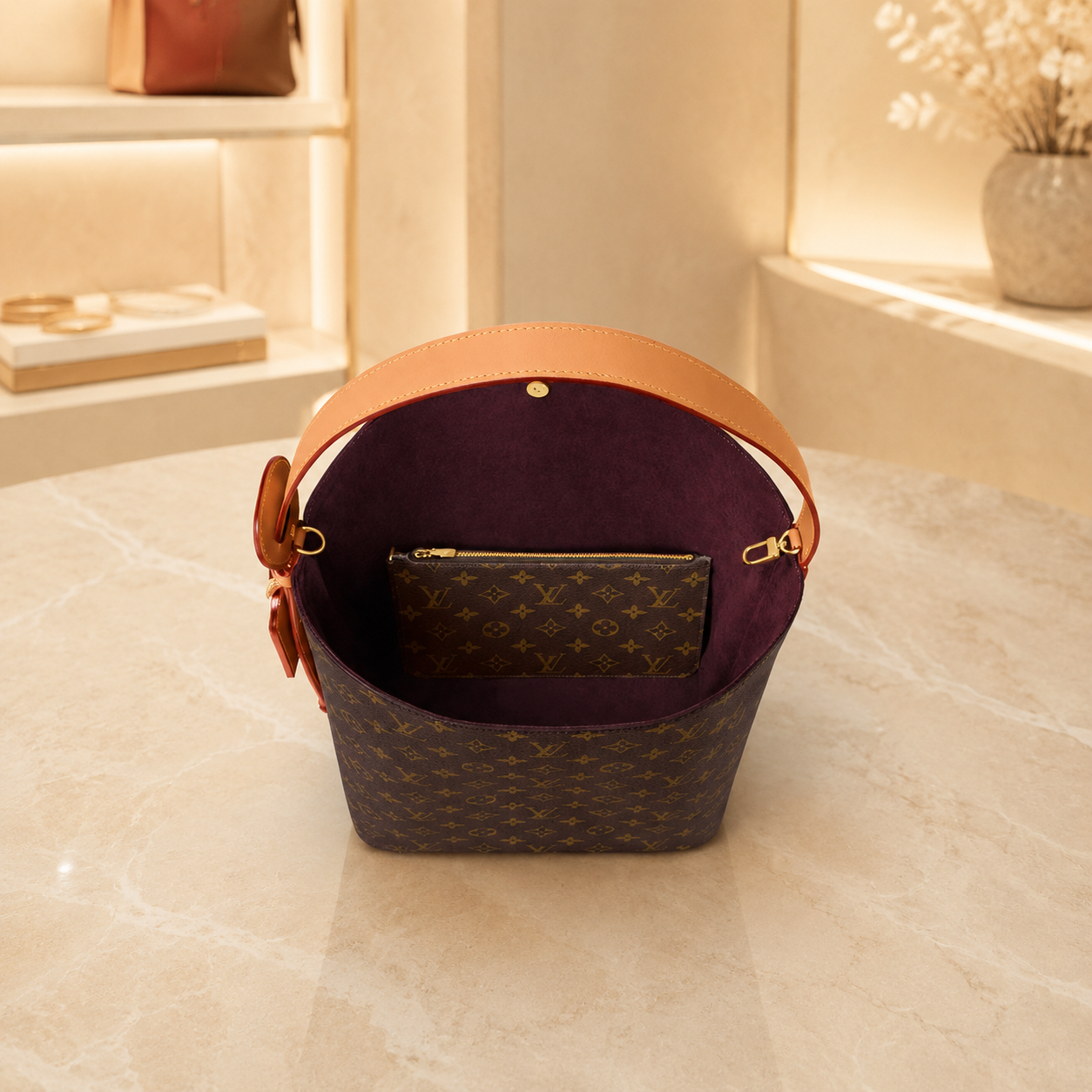 Monogramm Basket-Schultertasche – Innenansicht