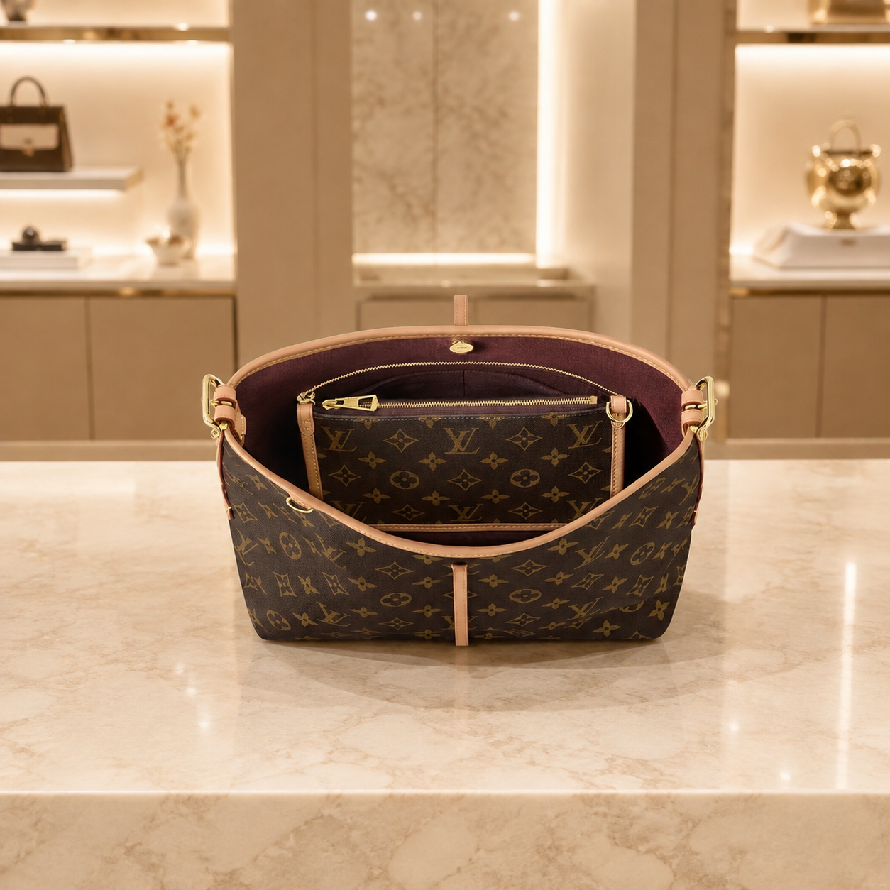 Premium Schultertasche Braun – Innenansicht