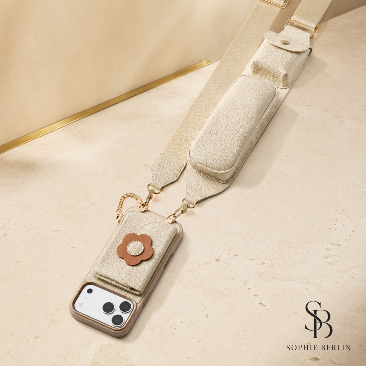 Beige Crossbody-Handyhülle mit schwarzem Sophie-Berlin-Logo