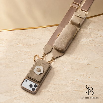 Taupe Crossbody-Handyhülle mit schwarzem Sophie-Berlin-Logo