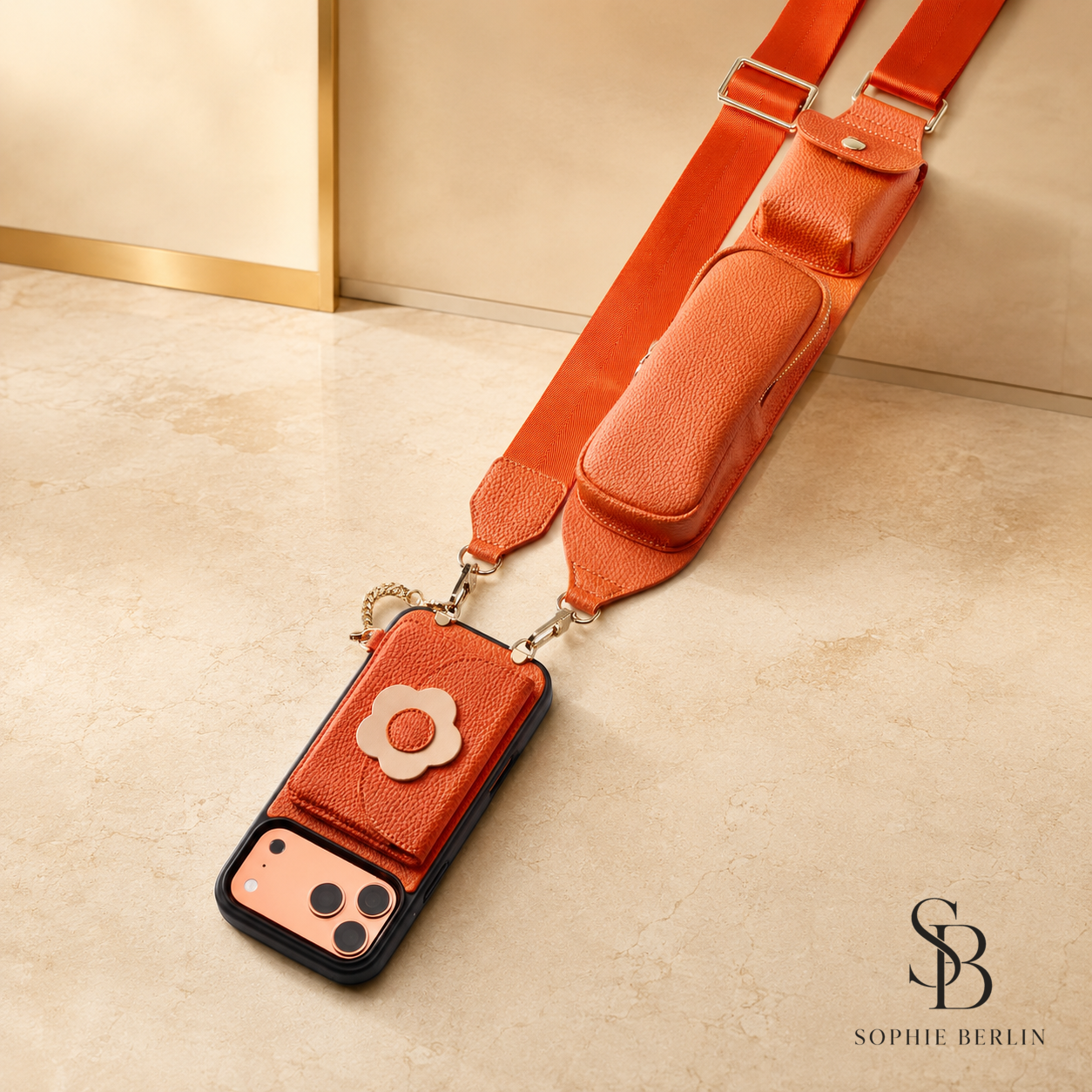 Orange Crossbody-Handyhülle mit schwarzem Sophie-Berlin-Logo