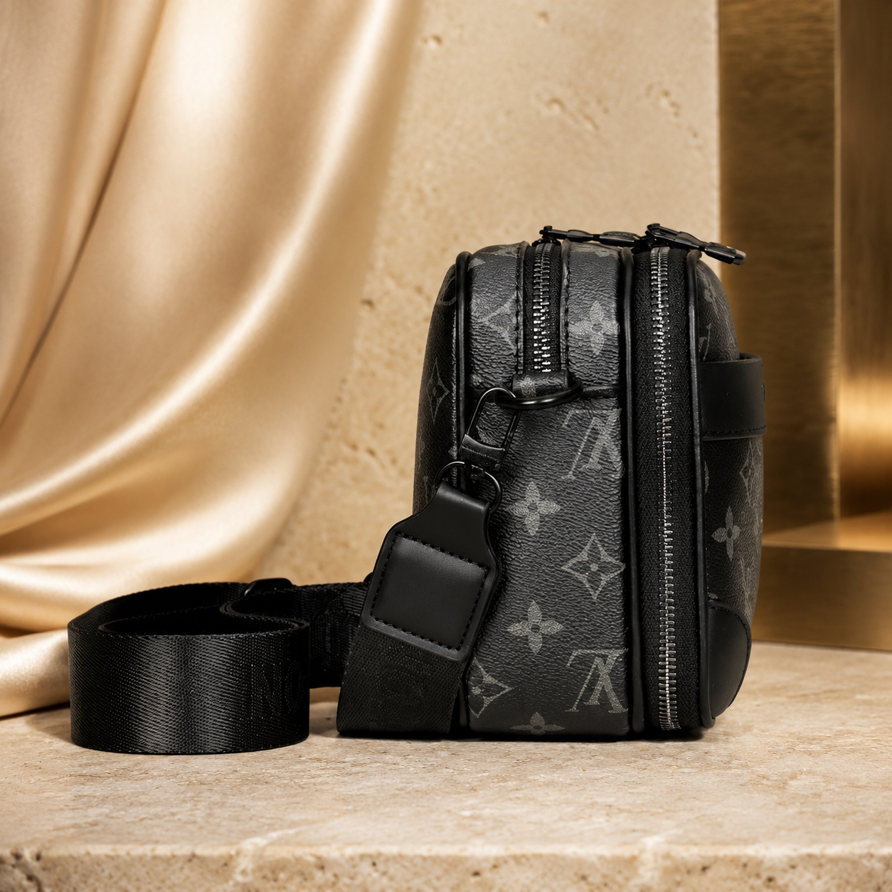 Seitenansicht der Travel-Crossbody-Tasche mit zwei Reißverschlussfächern